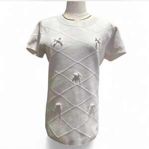 |The Workshop| White Knit Short-sleeved Sweater Diamond Knit Bows Woman's XL